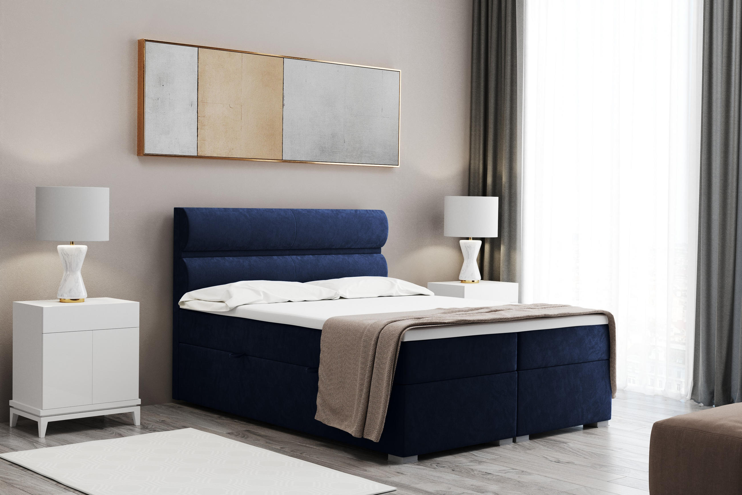 BOXBETT Mit Bettkasten, Matratze Und Topper VERA Stoff Riviera 160x200 cm Blau H3-Bonell - Blau, Holz/Textil (160/200cm) - Kaiser Möbel