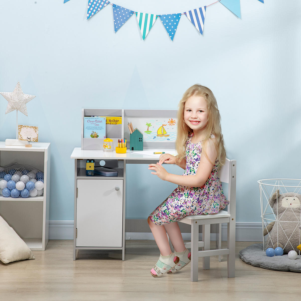 KINDER-SCHREIBTISCHSET DE-17514 mit Weißwandtafel und Stauraum Grau - Grau, Holzwerkstoff (90/85/45cm) - ComfortXL