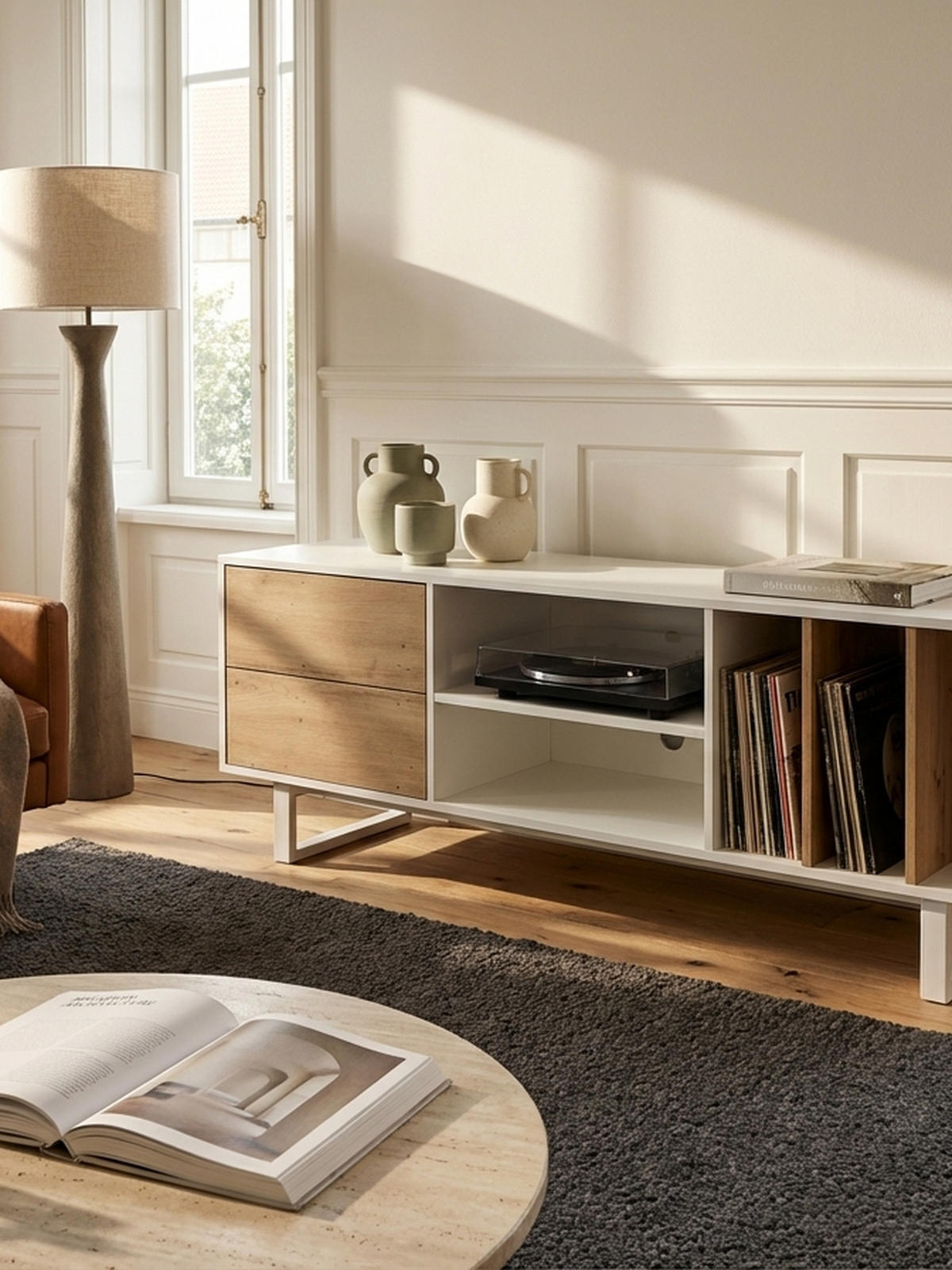 TV-LOWBOARD mit Eiche-Dekor, Schubladen und offenes Regal, modern, Weiß 150x40x55 cm - Weiß, Holzwerkstoff/Metall (150/55/40cm) - KADIMA DESIGN