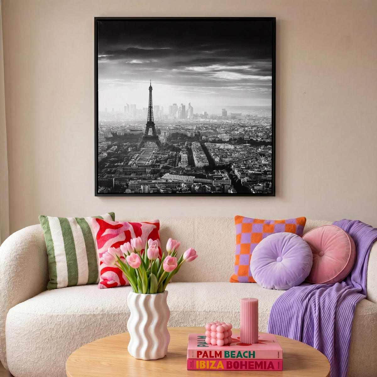 LEINWAND Bilder mit Rahmen - Paris - Skyline - Eiffelturm - Stadt - Wolken - 90x90 - Dunkelgrau, Textil (90/90cm) - MuchoWow