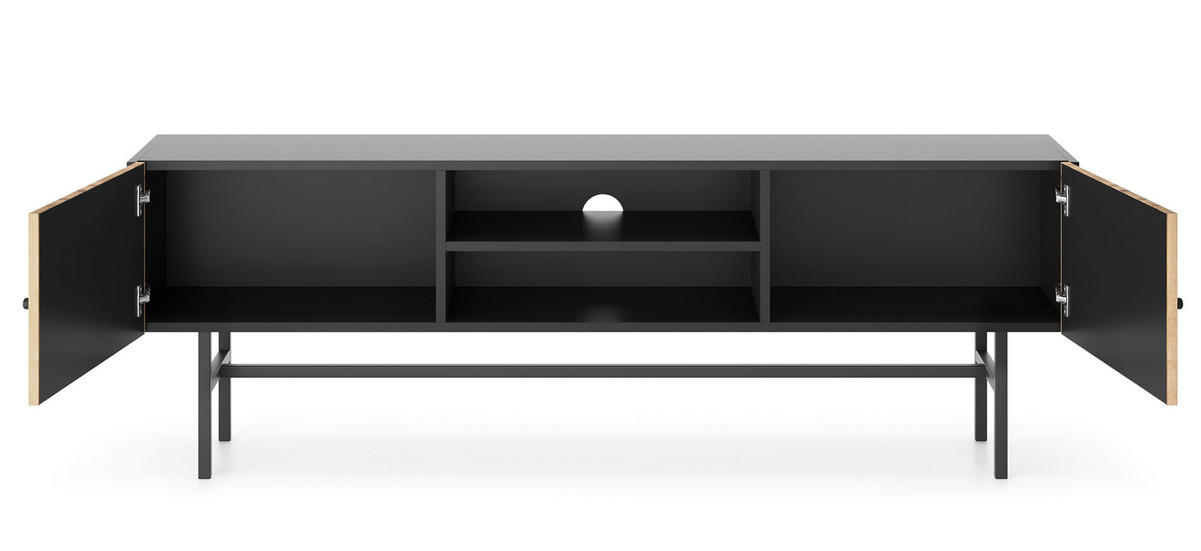 LOWBOARD Dinley 2T Schwarz, Braun 155/52/35 cm – mit langen Beinen und Lamellenfront - Schwarz/Braun, Holzwerkstoff/Metall (155/52/35cm) - AX Living