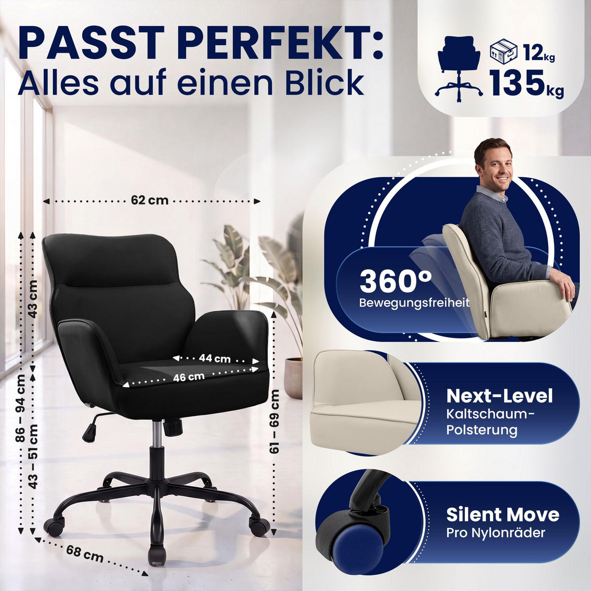 DREHSTUHL Lederlook Schwarz - Schwarz, Textil (62/86/68cm) - CLP