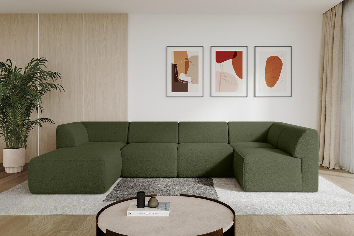 WOHNLANDSCHAFT Ottomane Links MOVA 345x180x78 Grün Bouclé - Schwarz/Grün, Holzwerkstoff/Kunststoff (180/78/345cm) - ALTDECOR