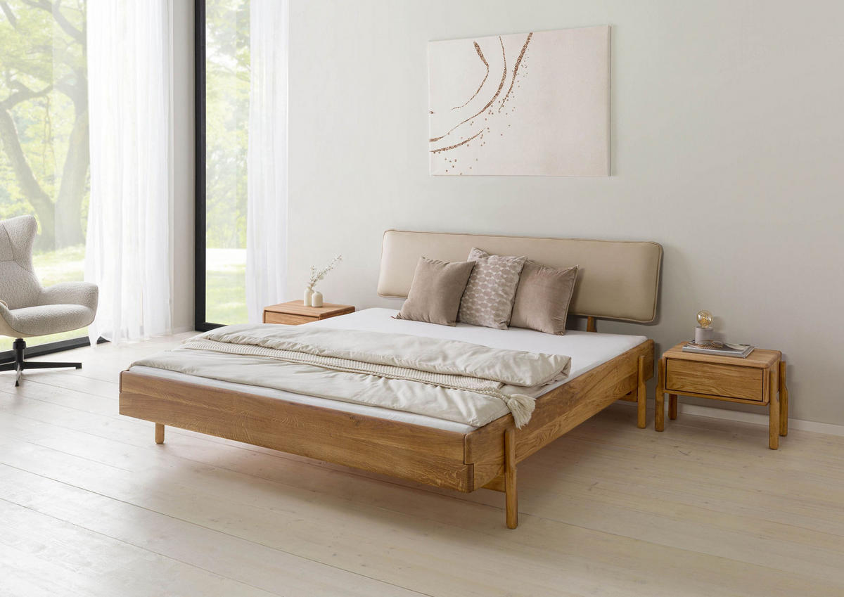 HOLZBETT Eiche 140x200x94 natur geölt, Kopfteil beige KIEL #100 - Braun, Holz (140/200cm) - Massivmoebel24