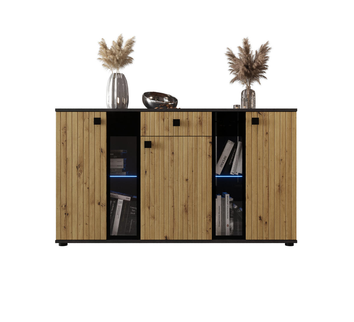 KOMMODE London LSMK LAMELE mit 3 Türen, Sideboard in Farbe: Braun|Schwarz, Größe: 140 x 80 x 40 cm - Schwarz/Braun, Holzwerkstoff (140/80/40cm) - O-Sofa