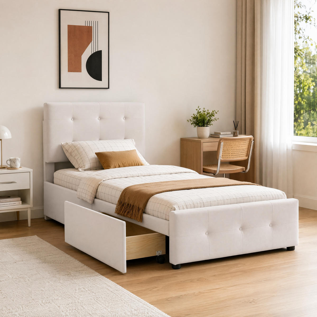 EINZELBETT 90x200 Samt Mit Stauraumschublade Stabil Lattenrost - Creme, Holz