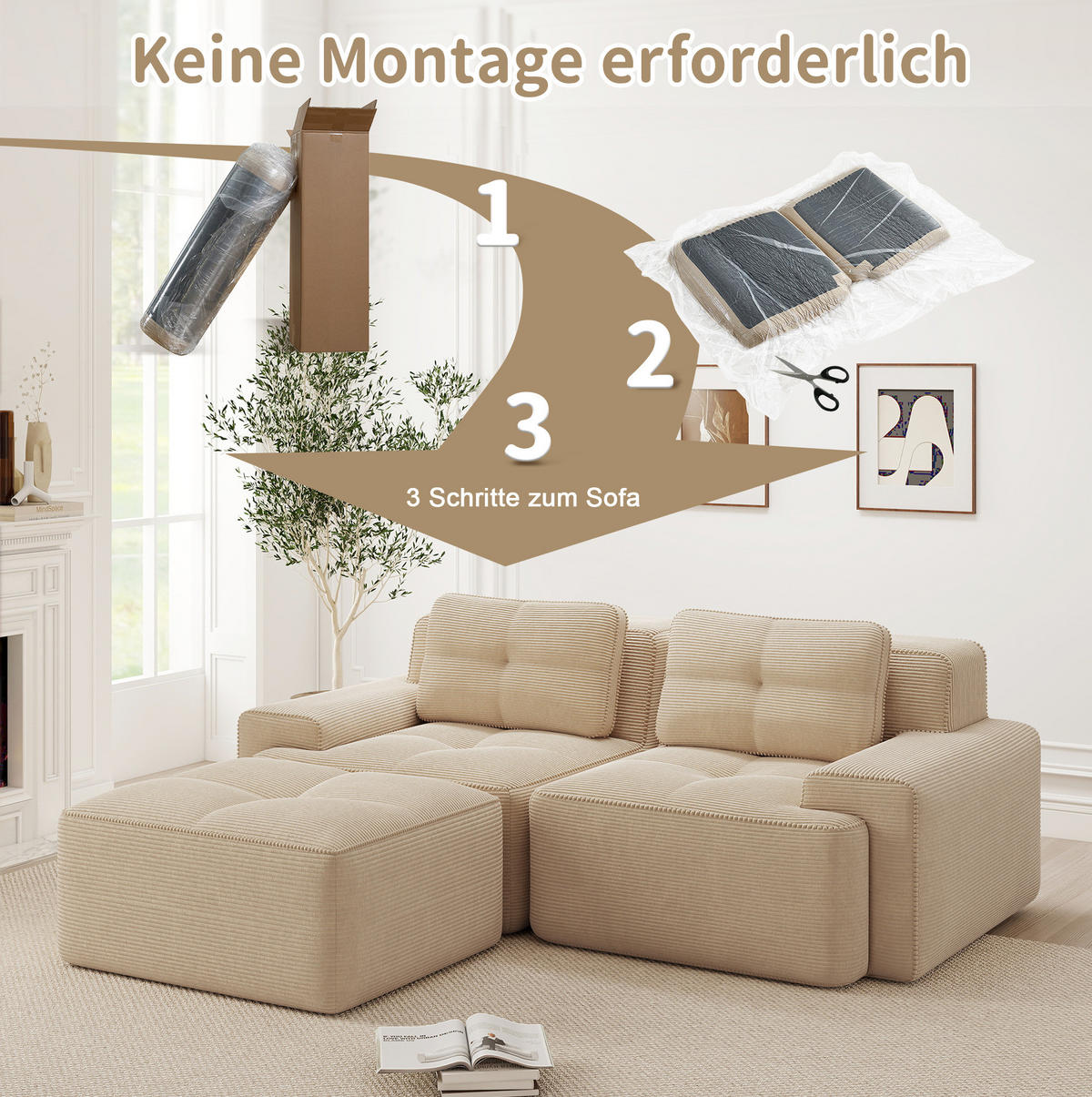 ECKSOFA aus Cord in Beige mit Tiefsitz & boneless Design - Beige, Textil (177/204cm) - Modfu