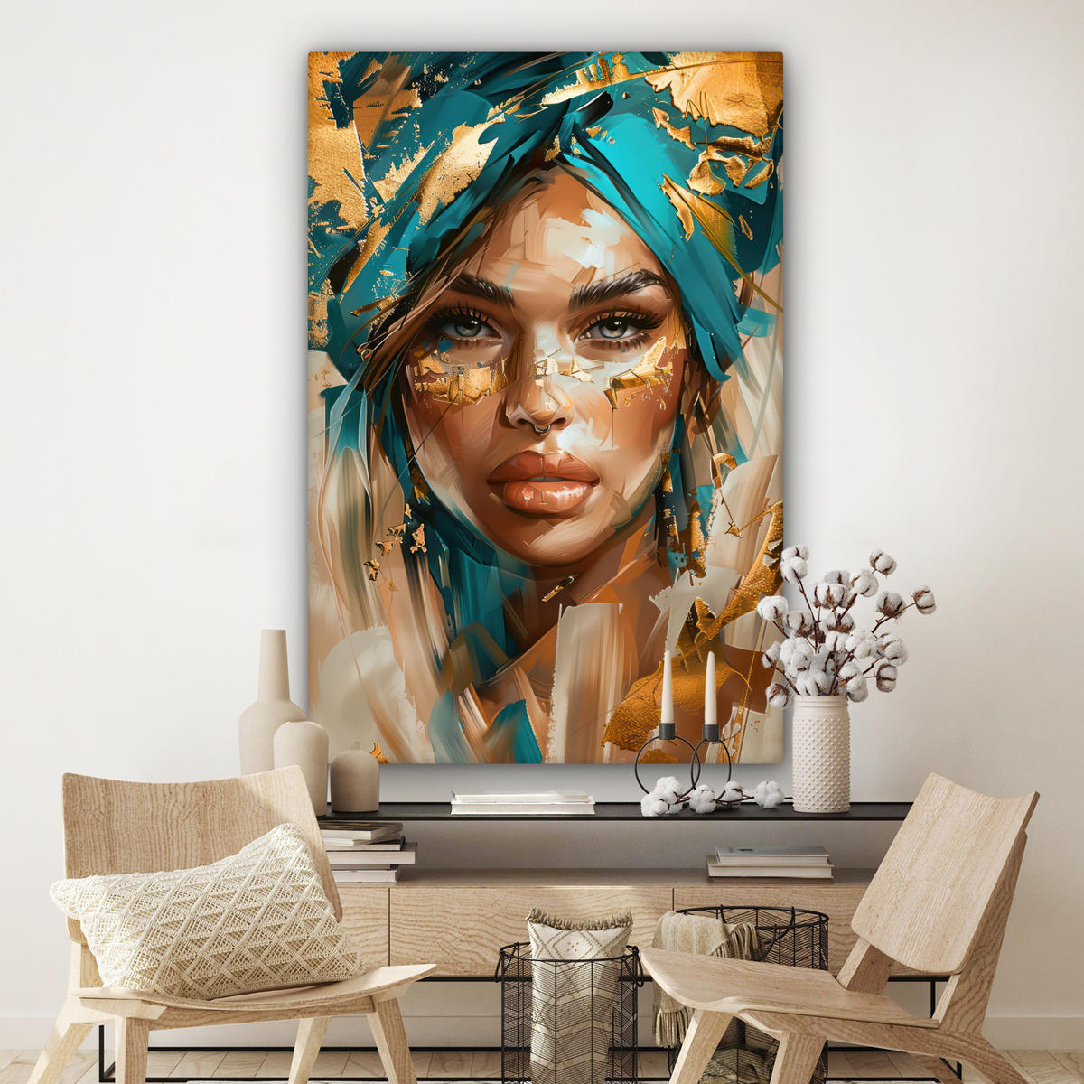 LEINWANDBILD Frau - Porträt - Gold - Luxus - Blau Deko Groß 90x140 cm - Türkis, Textil (90/140cm) - MuchoWow