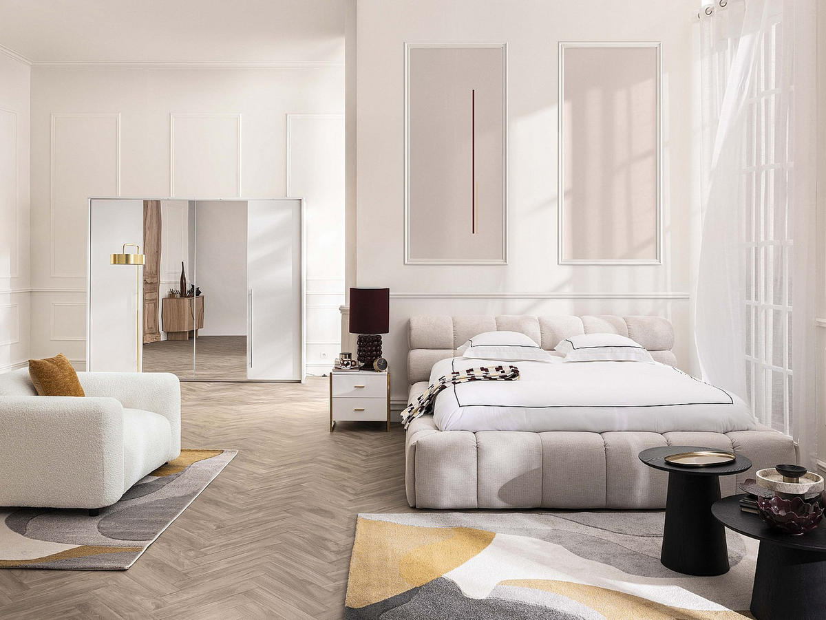 BETT mit Bettkasten - 2 Personen - Stoff - Beige - - Beige, Textil (200/200cm) - Vente-Unique