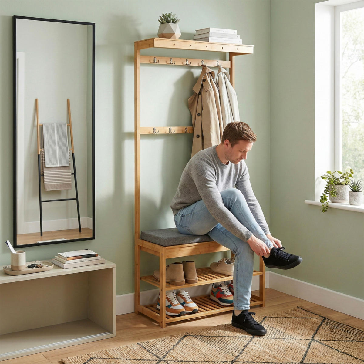 VĚŠÁK na kabát - světle hnědá, dřevo/textil (70/175/33cm) - Relaxdays