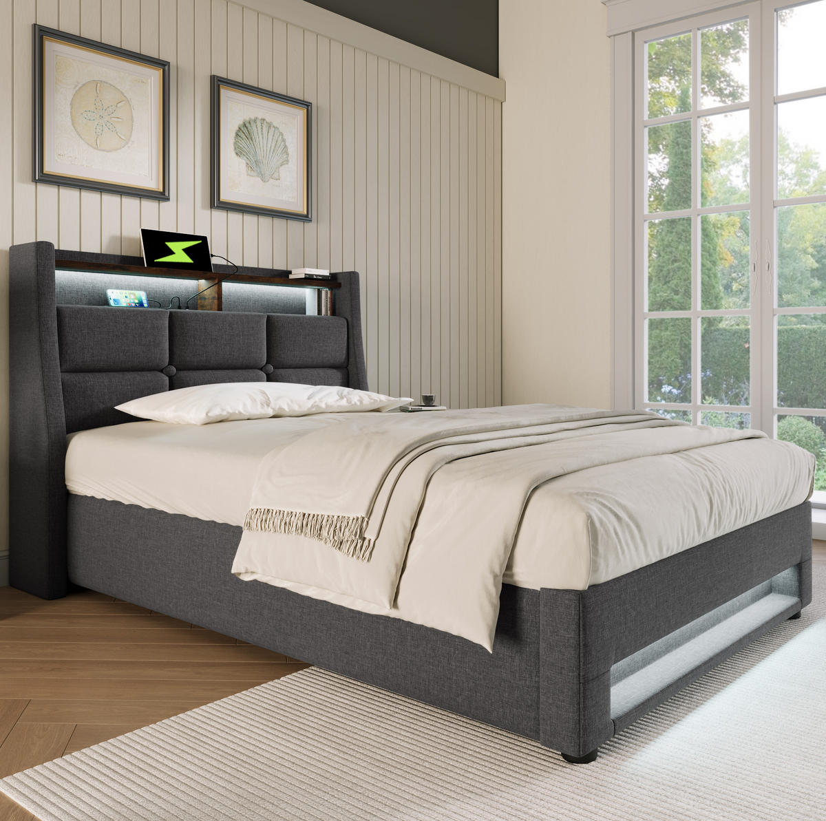 POLSTERBETT 90/200 cm mit LED-Beleuchtung, 2 USB-Anschlüssen und Bettkasten, Leinenstoff Grau - Grau, Textil (90/200cm) - Redom