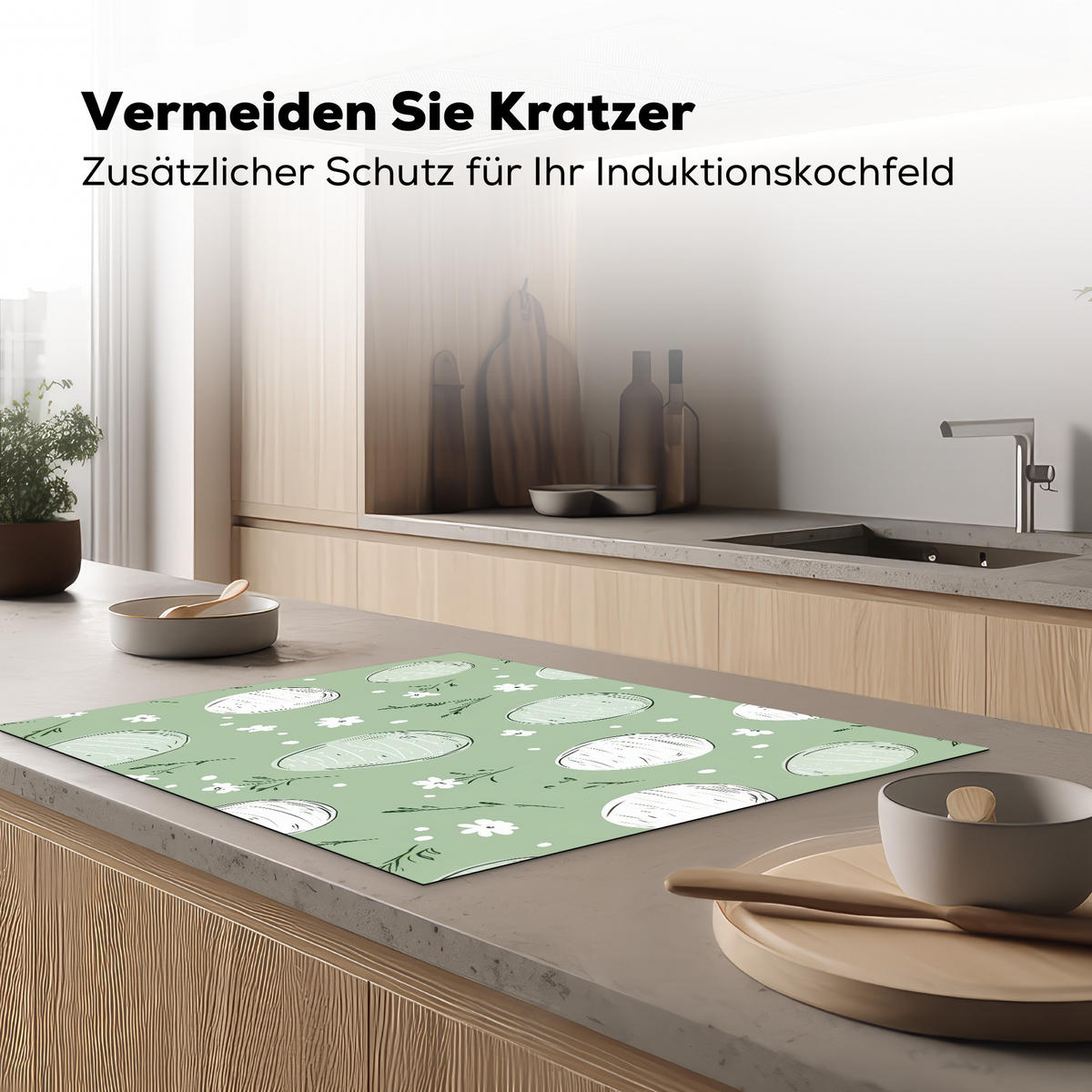 HERDABDECKPLATTE Grün - Eier - Muster Induktionsmatte 77x59 cm - Waldgrün, Kunststoff (77/59/0.2cm) - MuchoWow