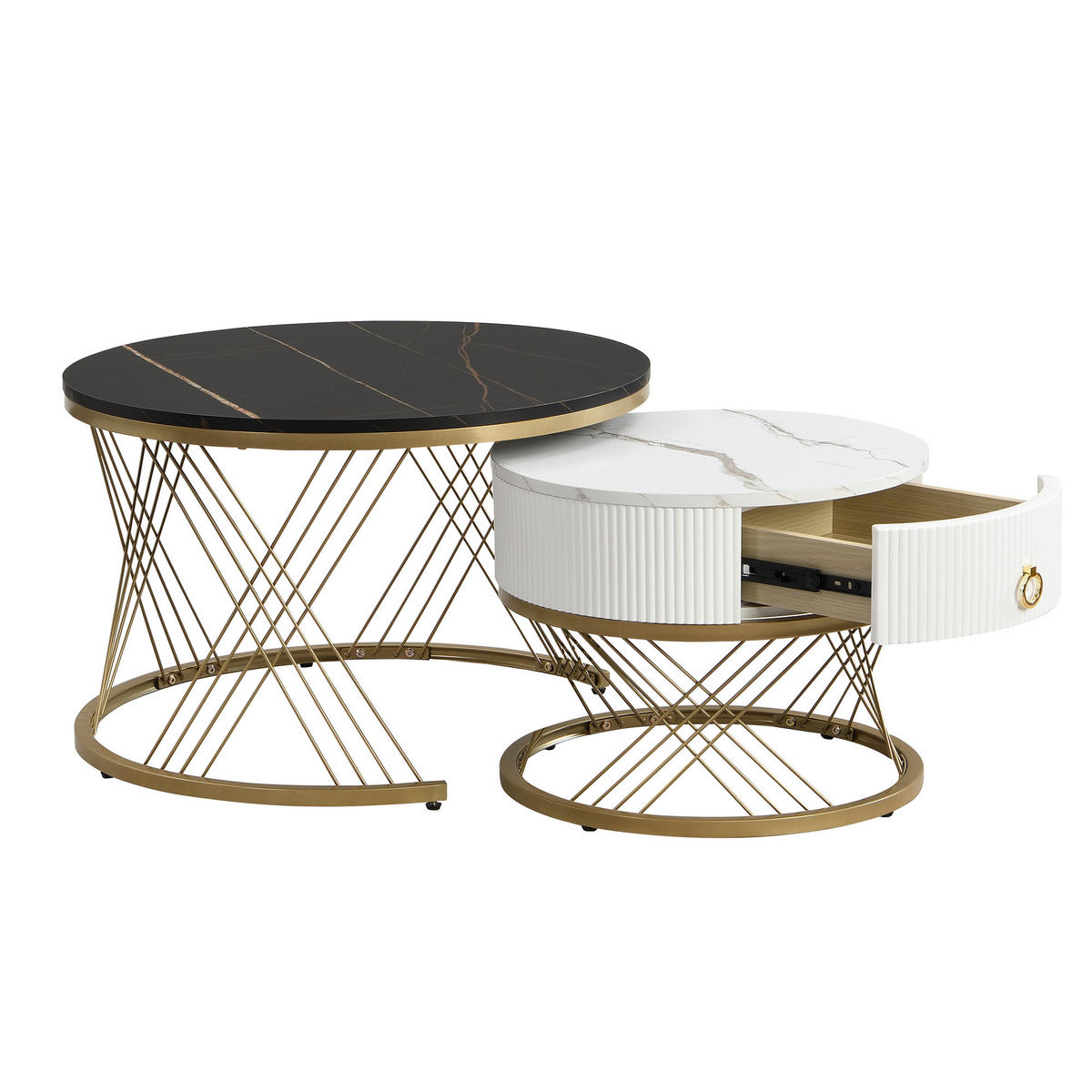 COUCHTISCH 70/70/45 cm mit Marmoroptik und Golddekor 2er-Set - Schwarz, Holzwerkstoff (70/70/45cm) - OKWISH