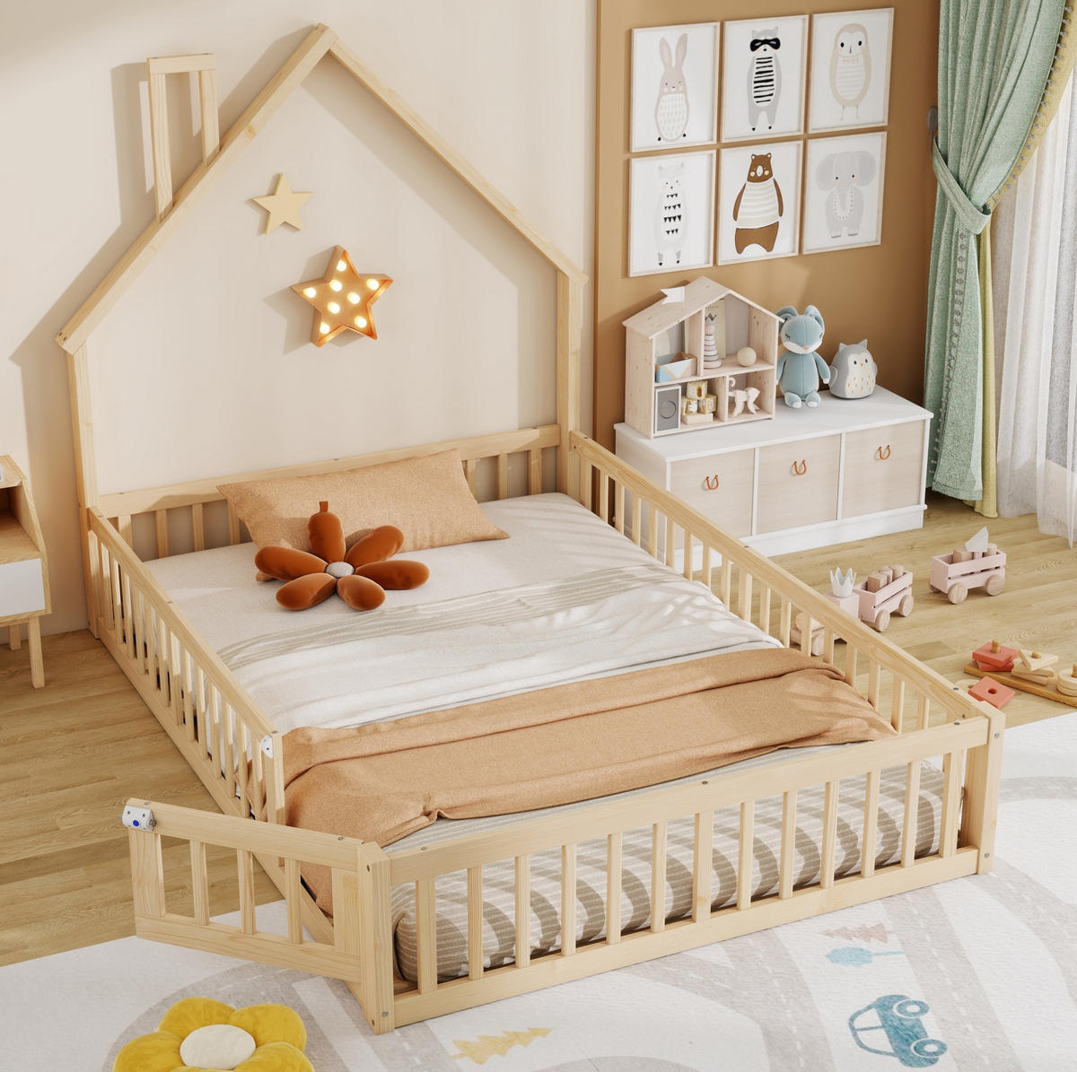 DĚTSKÁ postel z borovice a MDF 140x190 cm přírodní s roštem, bezpečnostním zábradlím a komínovým designem - přírodní, kompozitní dřevo (140/190cm) - Modfu