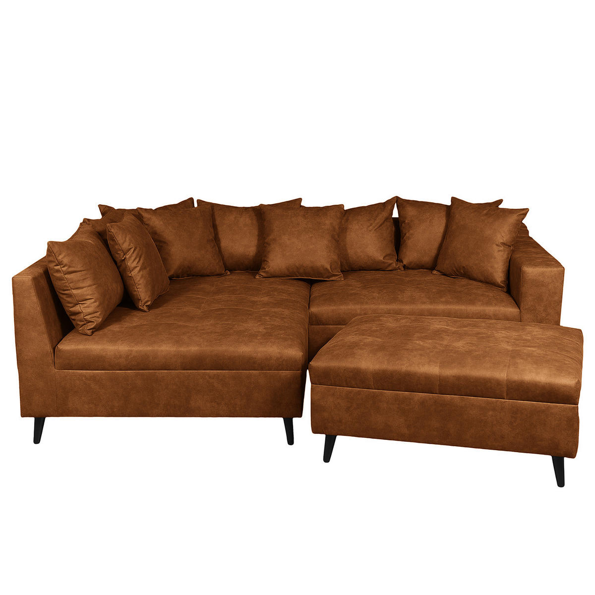 ECKSOFA mit Ottomane und Hocker - Cognac/Schwarz, Birkenholz/Textil (247/174cm) - home24