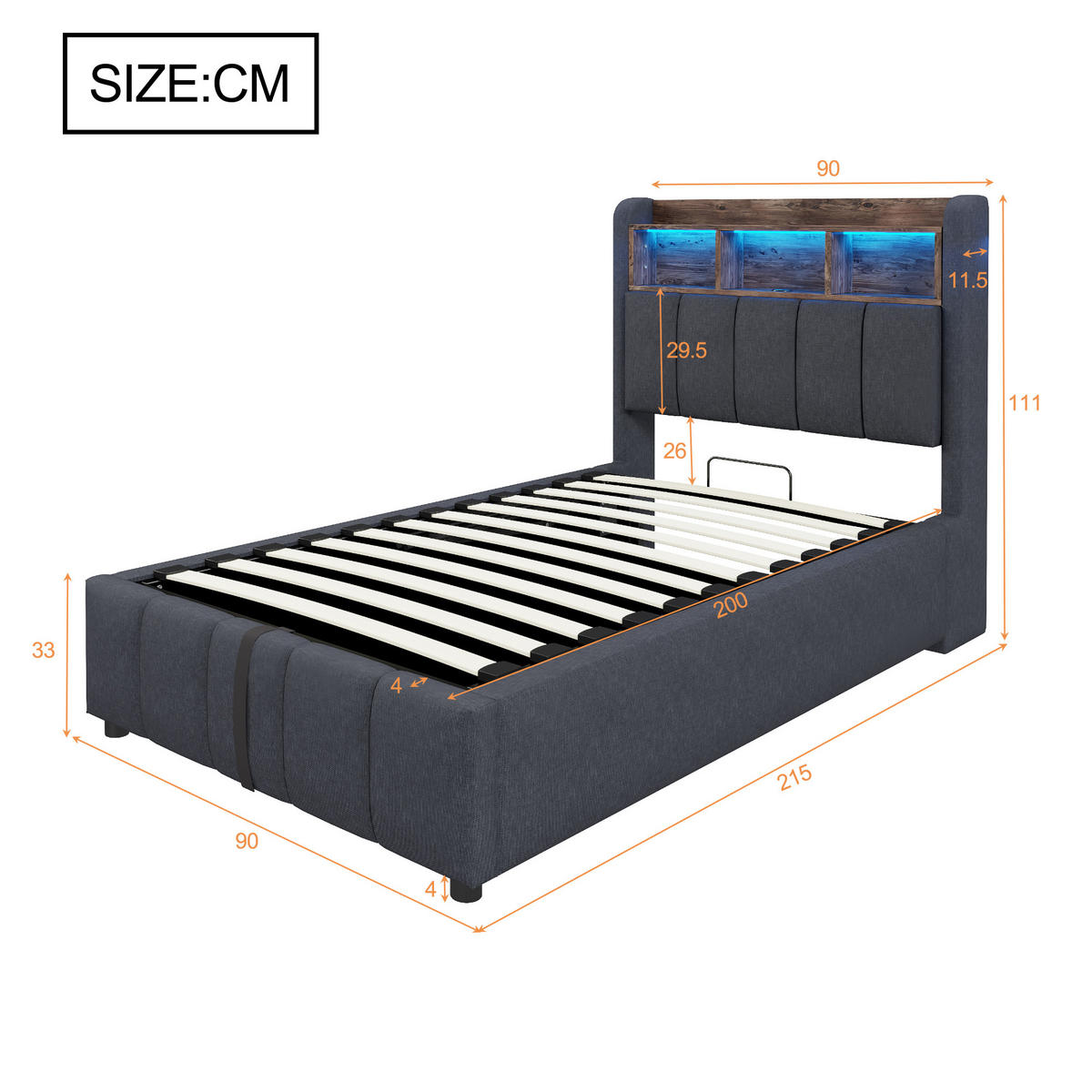 POLSTERBETT 90/200 cm Grau mit LED-Beleuchtung und USB-Anschluss aus Leinenstoff - Grau, Textil (90/200cm) - OKWISH