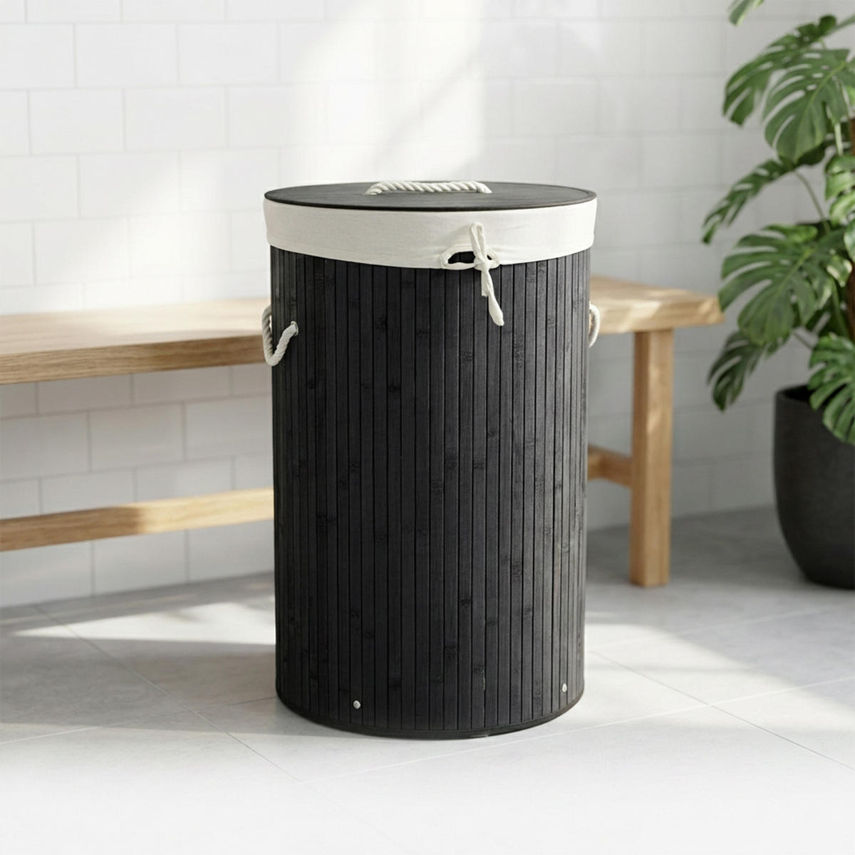 KOŠ ZA PERILO črna bambus okrogel s pokrovom zložljiv 70 l - črna, tekstil/les (41/65/41cm) - Relaxdays