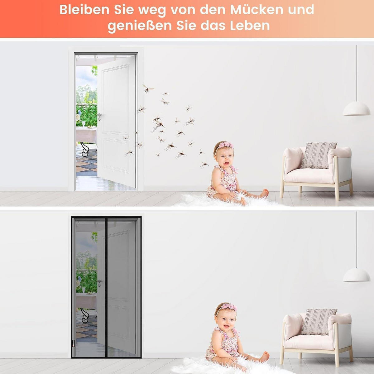 FLIEGENGITTER Tür für Balkon und Terrasse, ohne Bohren, schwarz - Schwarz, Textil (80/220/2cm)