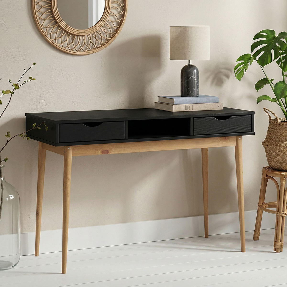 SCHREIBTISCH STEFAN schwarz/Eiche - Eichefarben/Schwarz, Holz (50/110/75cm) - IDIMEX