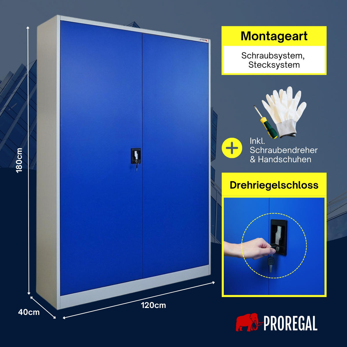 FLÜGELTÜRENSCHRANK Elephant Stahl 180x120x40cm StahlBlau/Lichtgrau - Blau/Grau, Metall (120/180/40cm) - PROREGAL