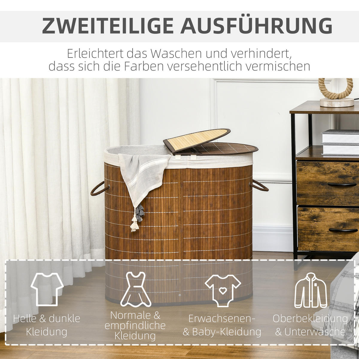WÄSCHEKORB, Bambus, Polyester, Braun - Braun, Naturmaterialien (37/60.5/62.5cm) - HOMCOM