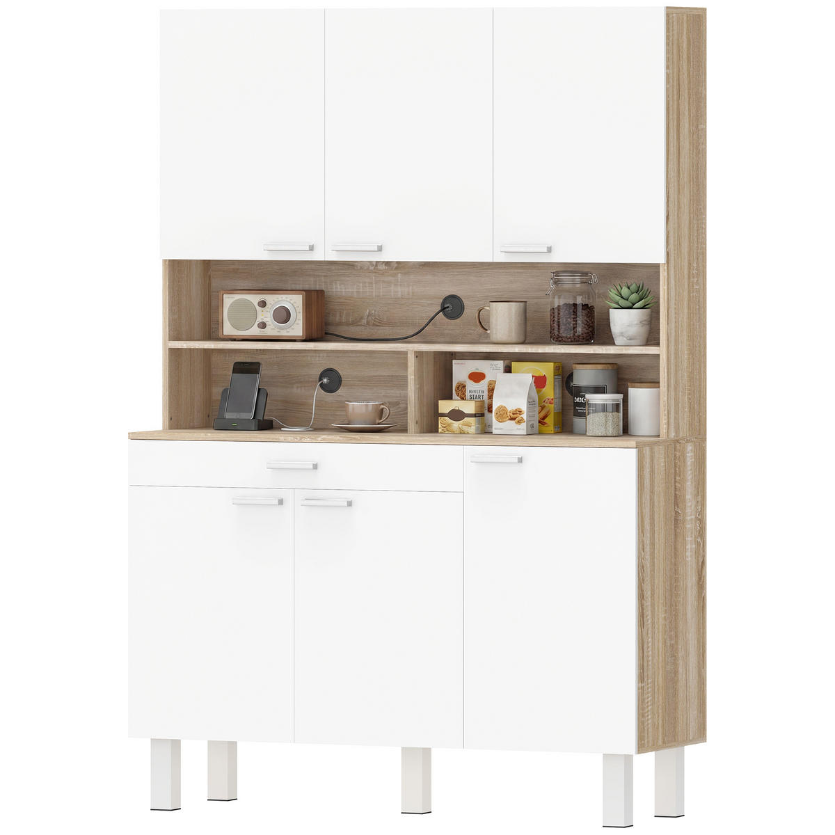 KÜCHENSCHRANK Weiß und Naturholz-Optik, 6 Türen, 120/40/175 cm - Weiß, Holzwerkstoff (120/175/40cm) - PANGIVO