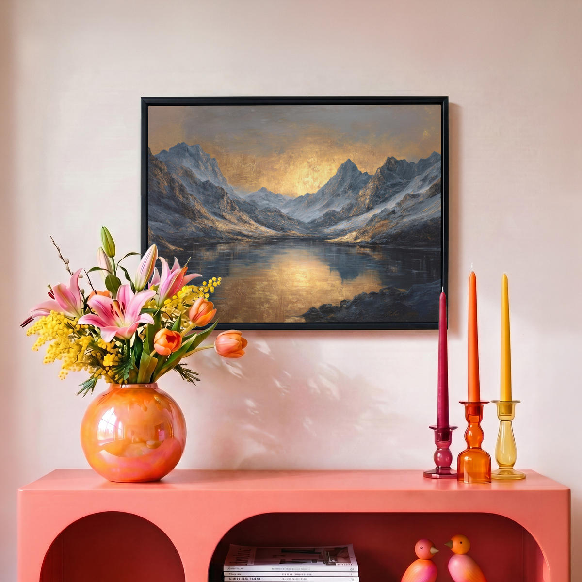 LEINWAND Bilder mit Rahmen - Bergkulisse mit goldenem Sonnenuntergang - 40x30 - Goldfarben, Textil (40/30cm) - MuchoWow