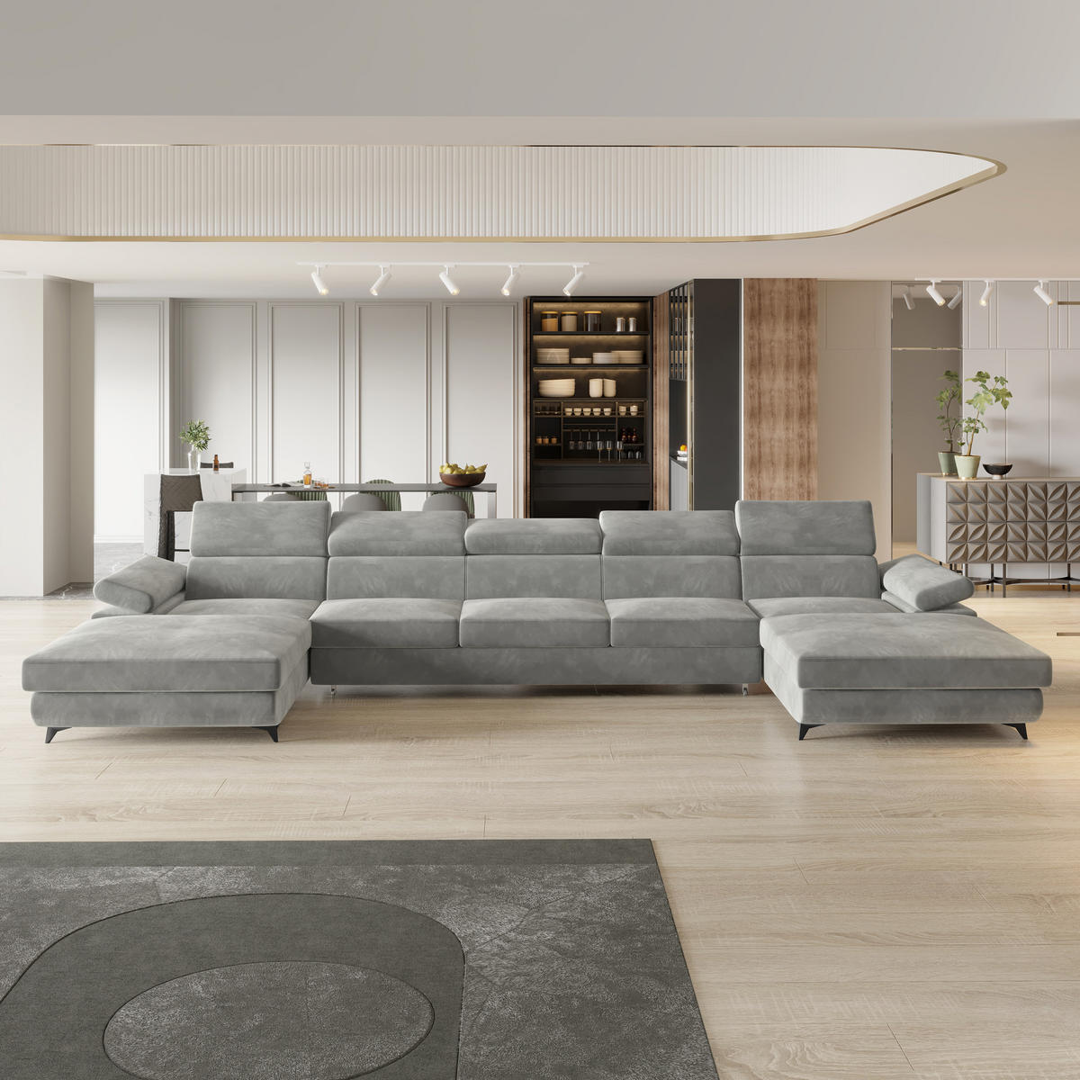 ROHOVÁ SEDAČKA VIVENTE světle šedá - černá/světle šedá, kov/dřevo (410/190cm) - MASSENO