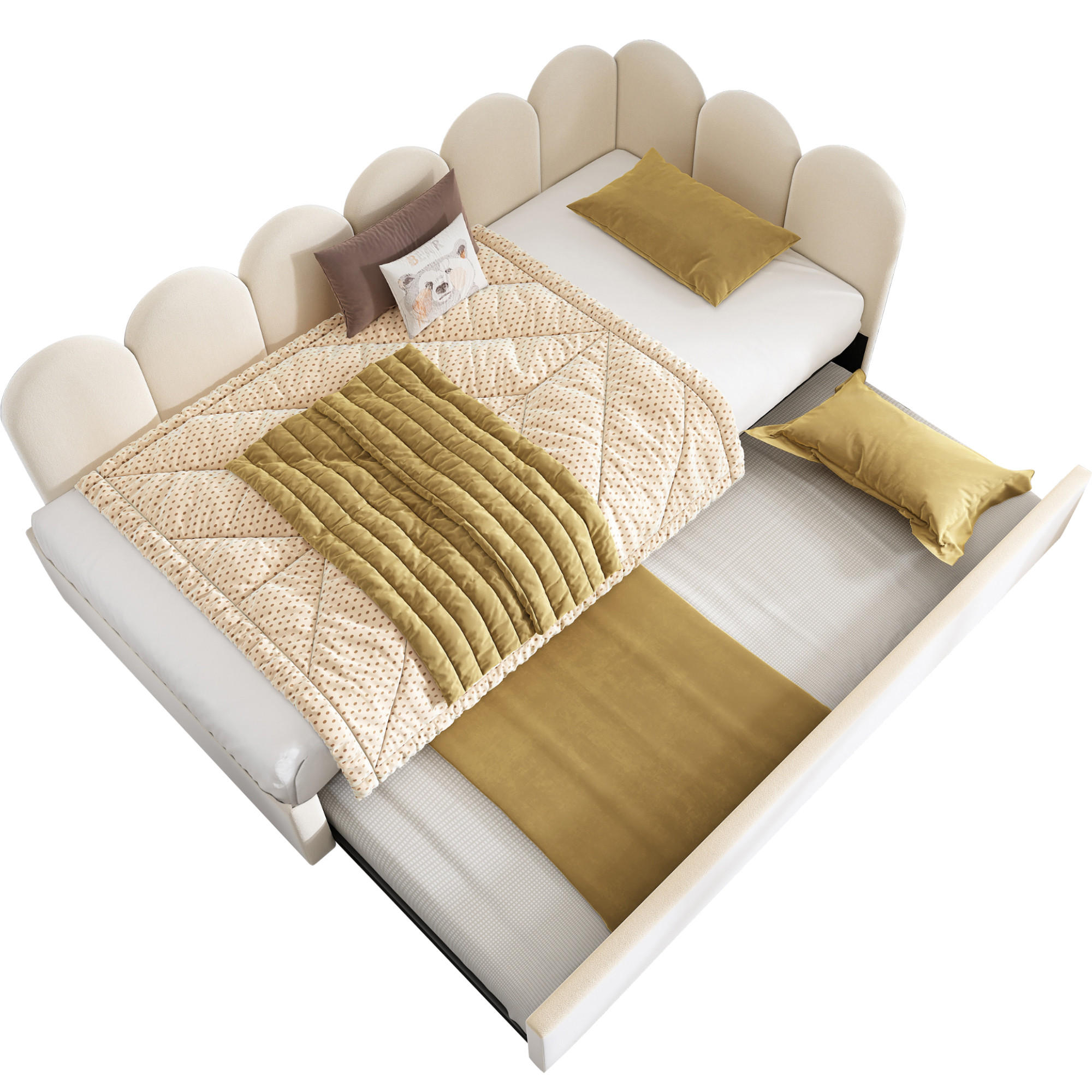 TAGESBETT mit Ausziehbett 90/200 cm aus Samt Beige mit kinderfreundlichem Gitter-Design - Beige, Textil (90/200cm) - OKWISH