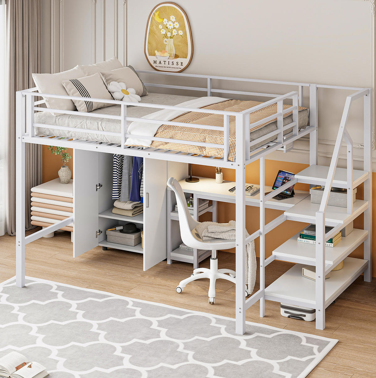 HOCHBETT 140/200 cm Weiß aus Metall mit Schreibtisch - Weiß, Metall (140/200cm) - OKMYHOME