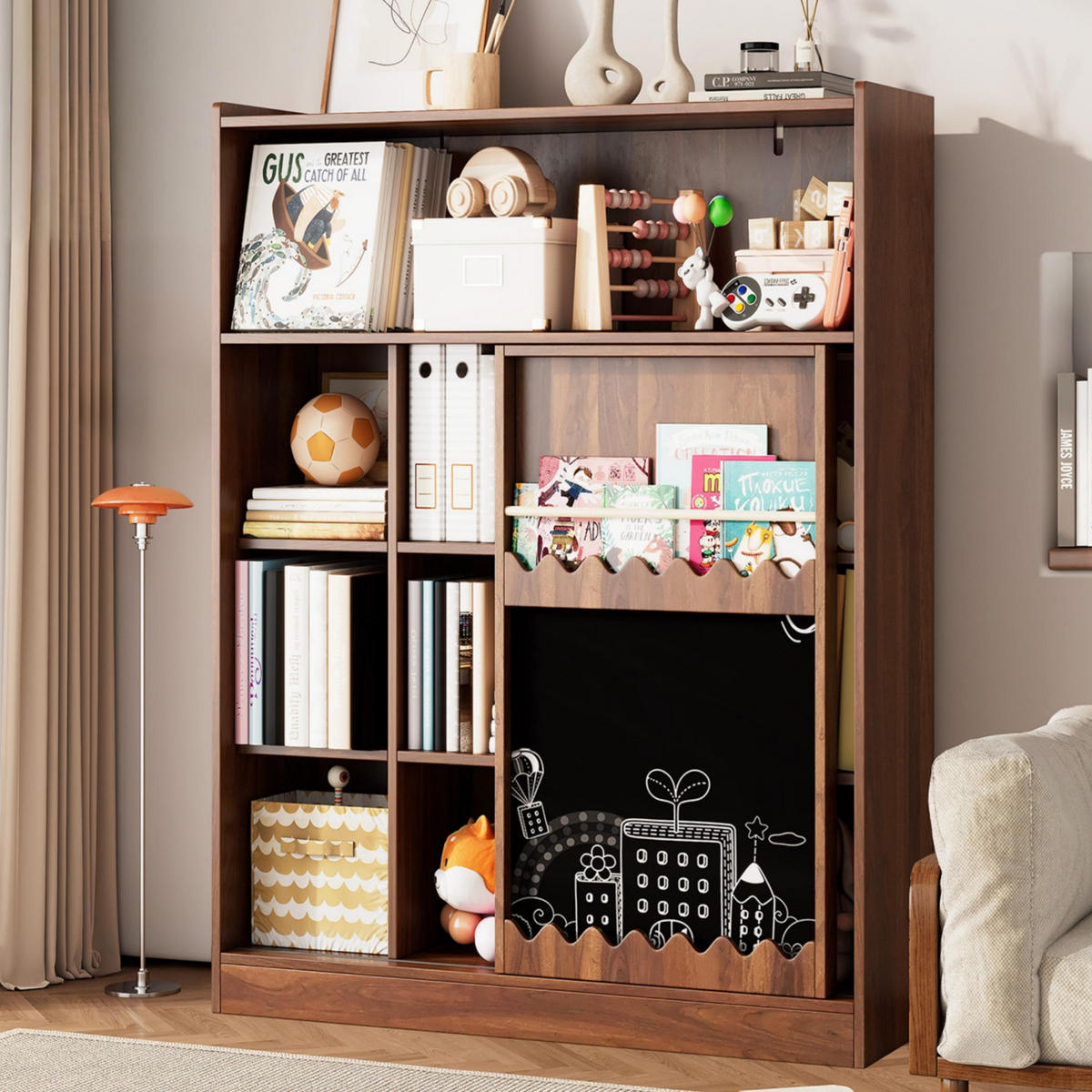 BÜCHERREGAL 120x38.5x151.5cm Nussbaum mit Tafel Schiebetüren 9 Fächer - Walnussfarben, Holz (38.5/151.5/120cm) - FLIEKS