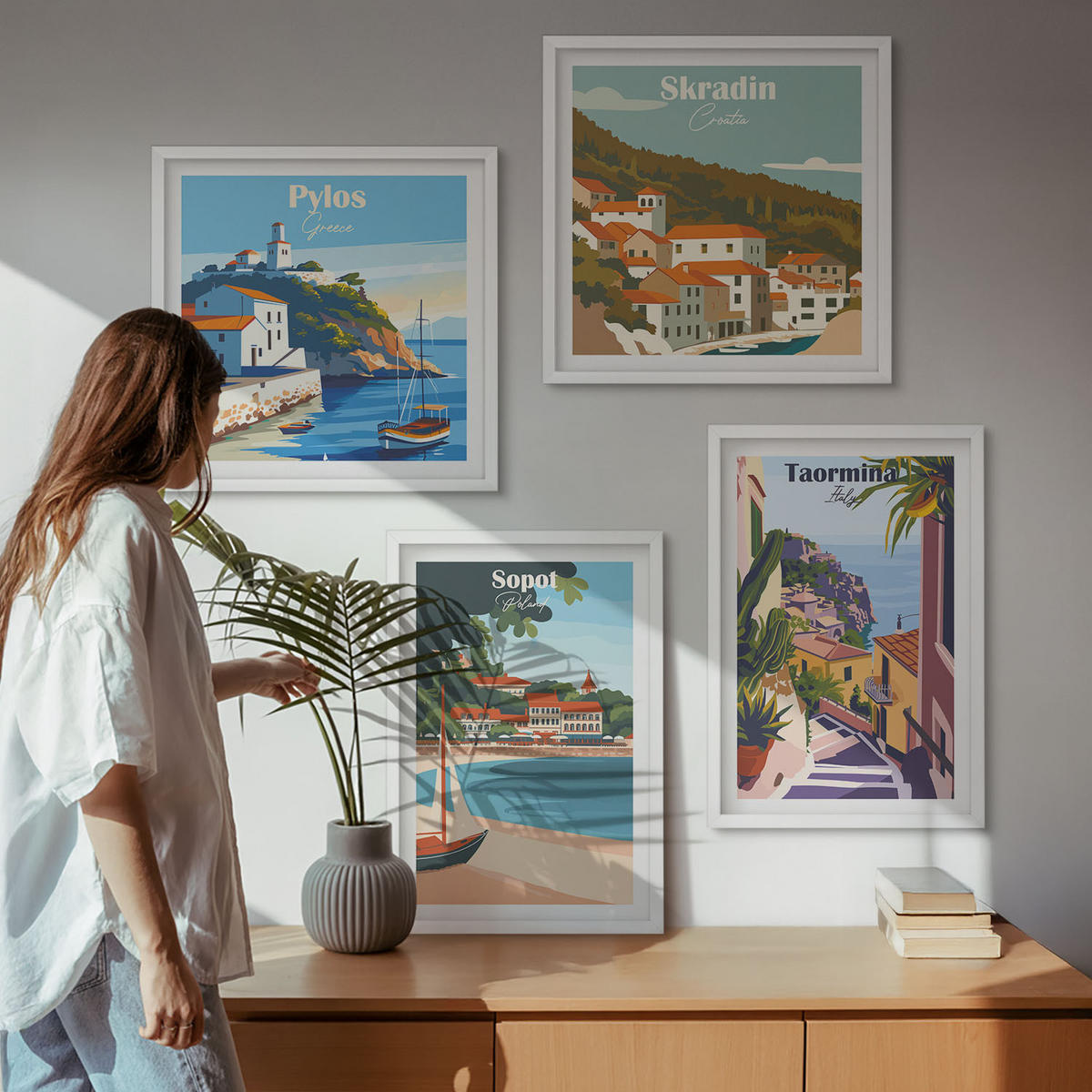 WANDBILDER 4er-Set - 50x50 cm & 40x60 cm Weißer Rahmen - Illustrationen von Küstenstädten - Weiß, Kunststoff (50/50cm) - ArtPrintCave