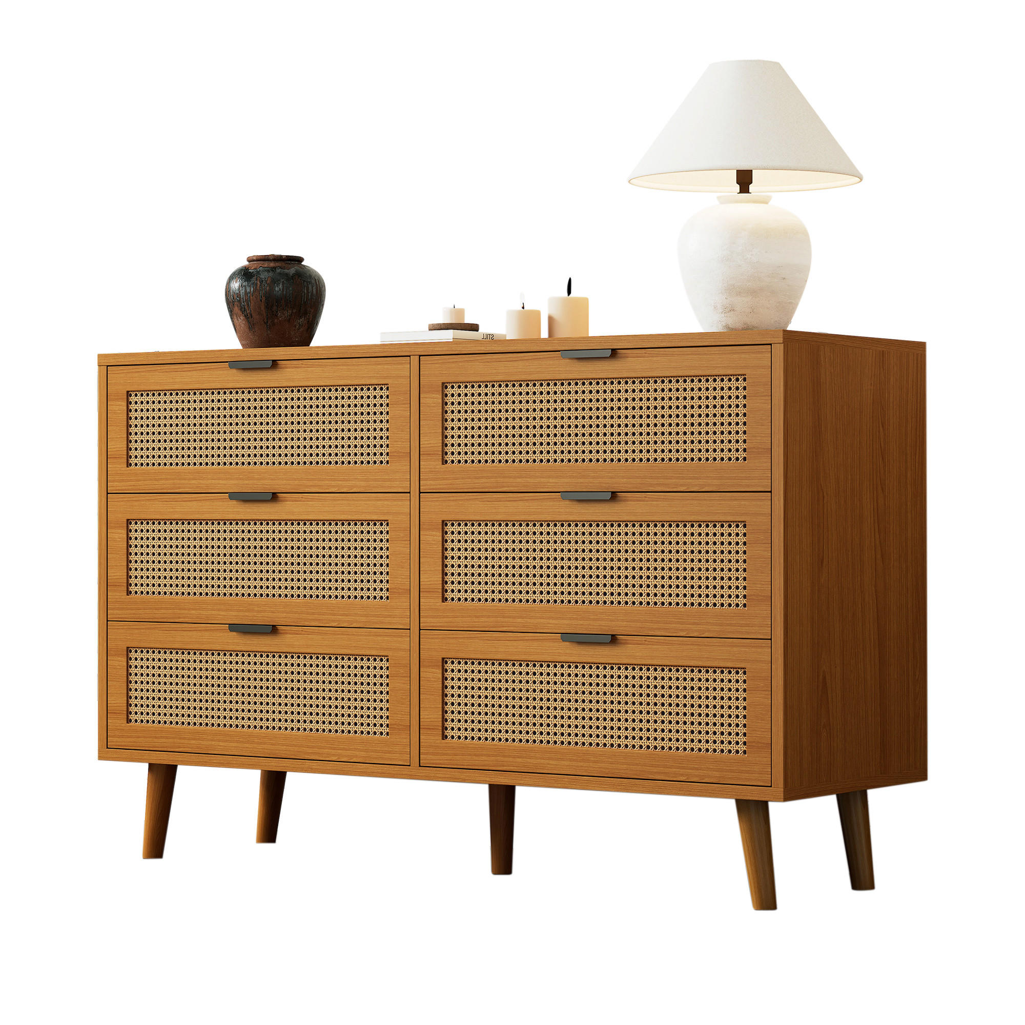 SIDEBOARD Kommode Rattan Retro Design 6 Schubladen Massivholzbeine Metallgriffe luxuriöses Plankenmaterial - Nussbaumfarben, Holzwerkstoff/Metall (120/76.5/40cm) - EVRYAE