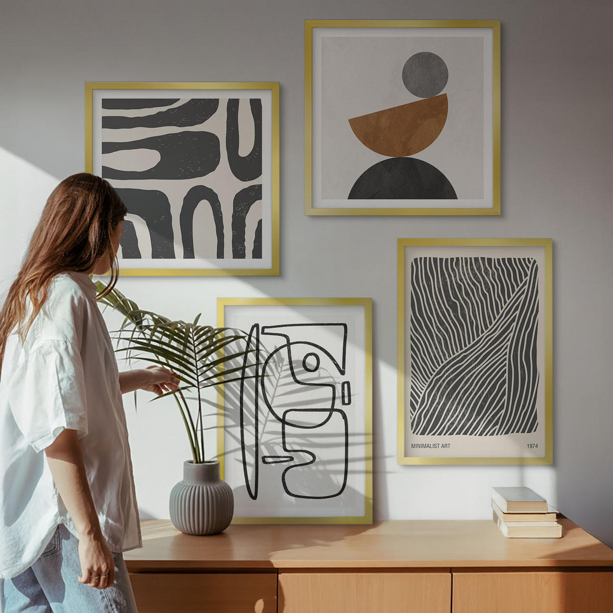 WANDBILDER 4er Set - 50x50 cm & 40x60 cm Goldrahmen - Abstrakte Muster mit Linien - Goldfarben, Kunststoff (50/50cm) - ArtPrintCave