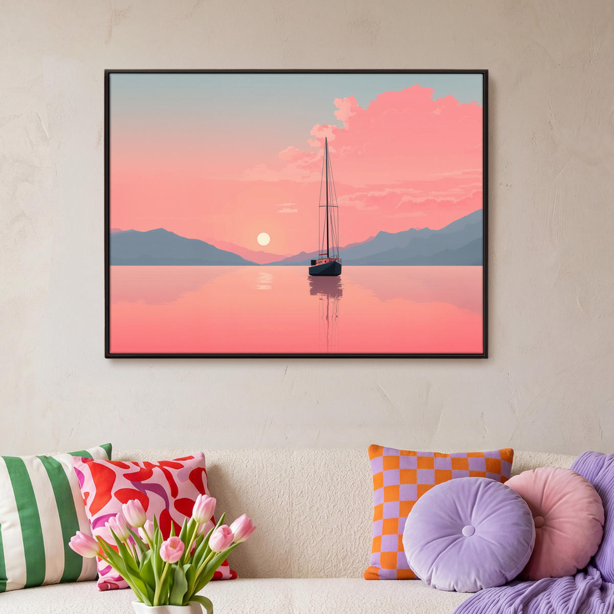 LEINWAND Bilder mit Rahmen - Segelboot - Rosa Meer - Sonnenuntergang - Berge - 100x70 - Rosa, Textil (100/70cm) - OnlyWow