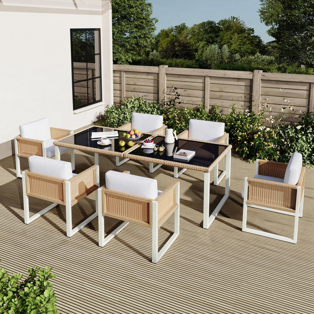 GARTENMÖBELSET Polyrattan 6 Personen Esstisch Stühle waschbar - Multicolor, Textil - FLIEKS