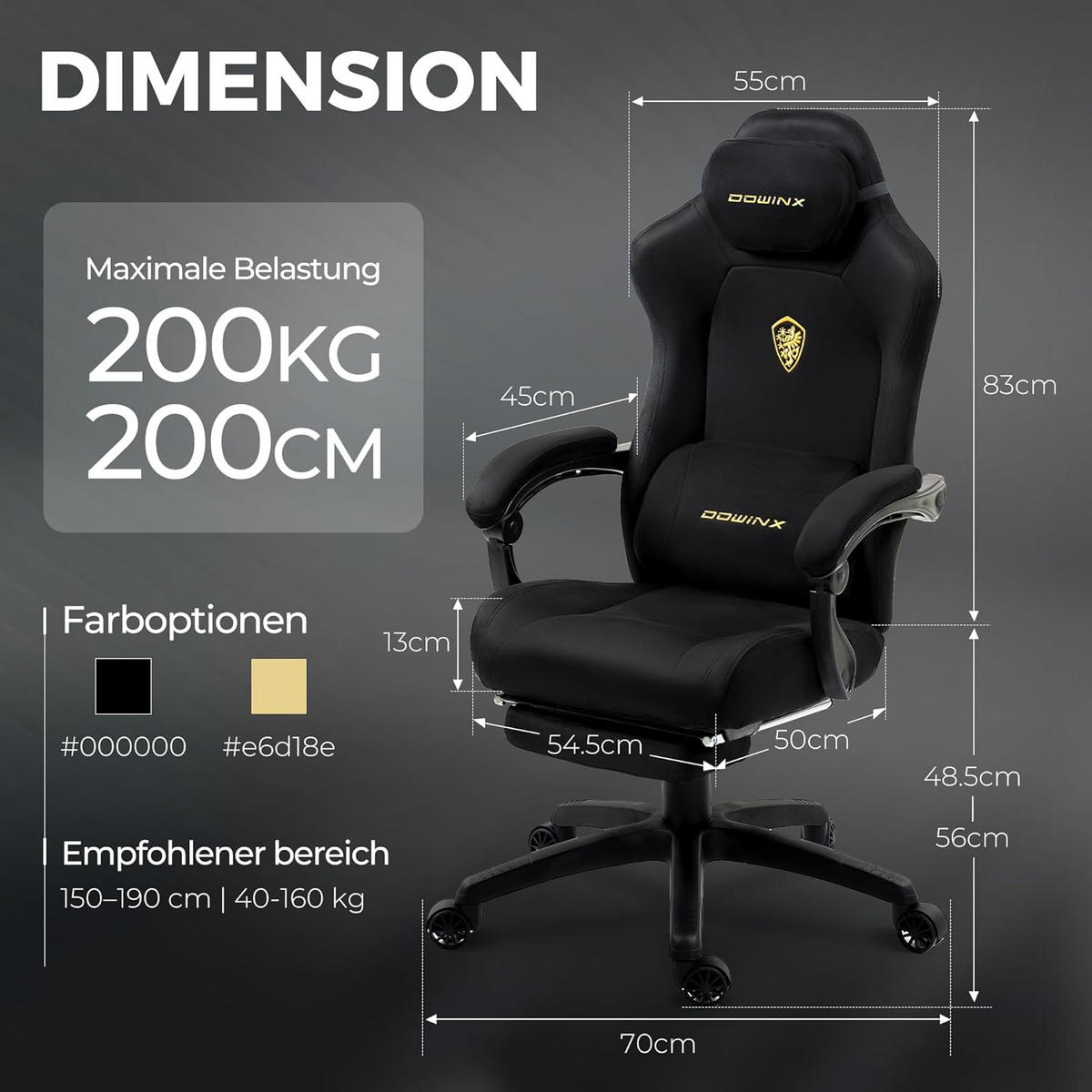 GAMING-STUHL Mikrofaser-Velours & Lendenkissen, Fußstütze 160° Neigbar - Schwarz, Leder (70/132/70cm)