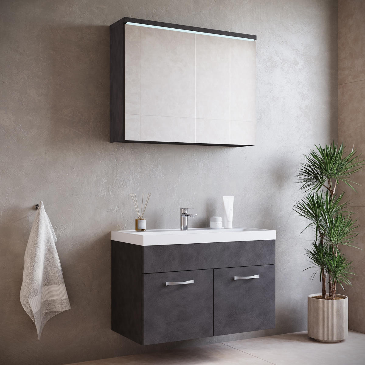 BADMÖBEL-SET Paso 3 Teile Dunkel Grau - 80 x 35 x 55 cm - Grau, Holz (80/55/20cm) - Badplaats