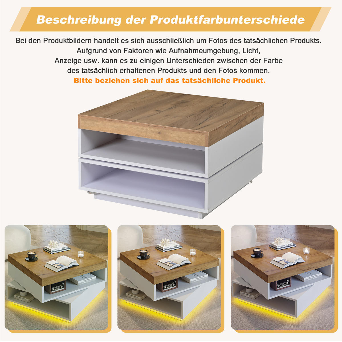 COUCHTISCH in Weiß Sofatisch mit 360° drehbarer Tischplatte, LED-Beleuchtung & Stauraum, B65/T65/H40cm - Weiß/Naturfarben, Holzwerkstoff/Metall (65/65/40cm) - STILVORA