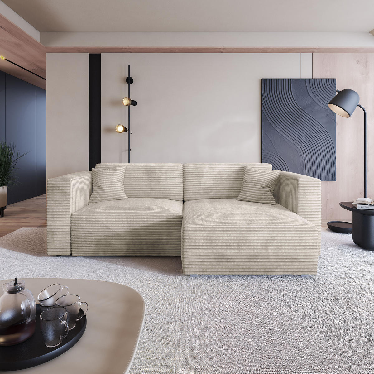 ROHOVÁ SEDAČKA NERIO krémová - šedá/krémová, dřevo/textil (245/148cm) - MASSENO