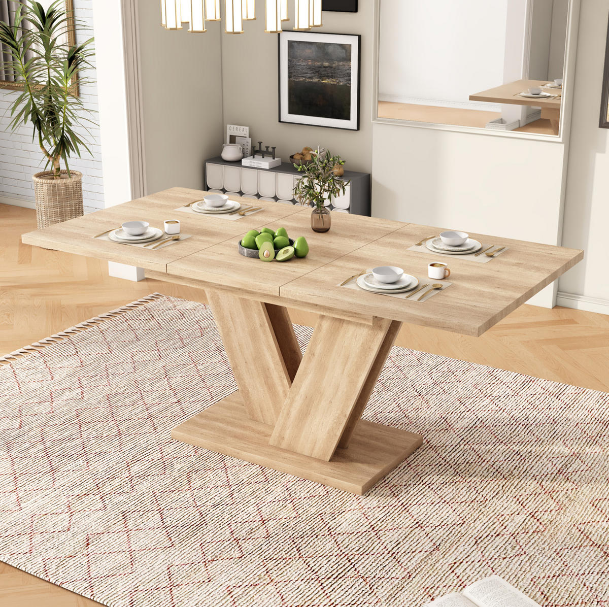 JÍDELNÍ stůl 140/180/80 cm dubový z MDF rozkládací s V-nohami - barva dubu, kompozitní dřevo (180/80/75.5cm) - OKWISH