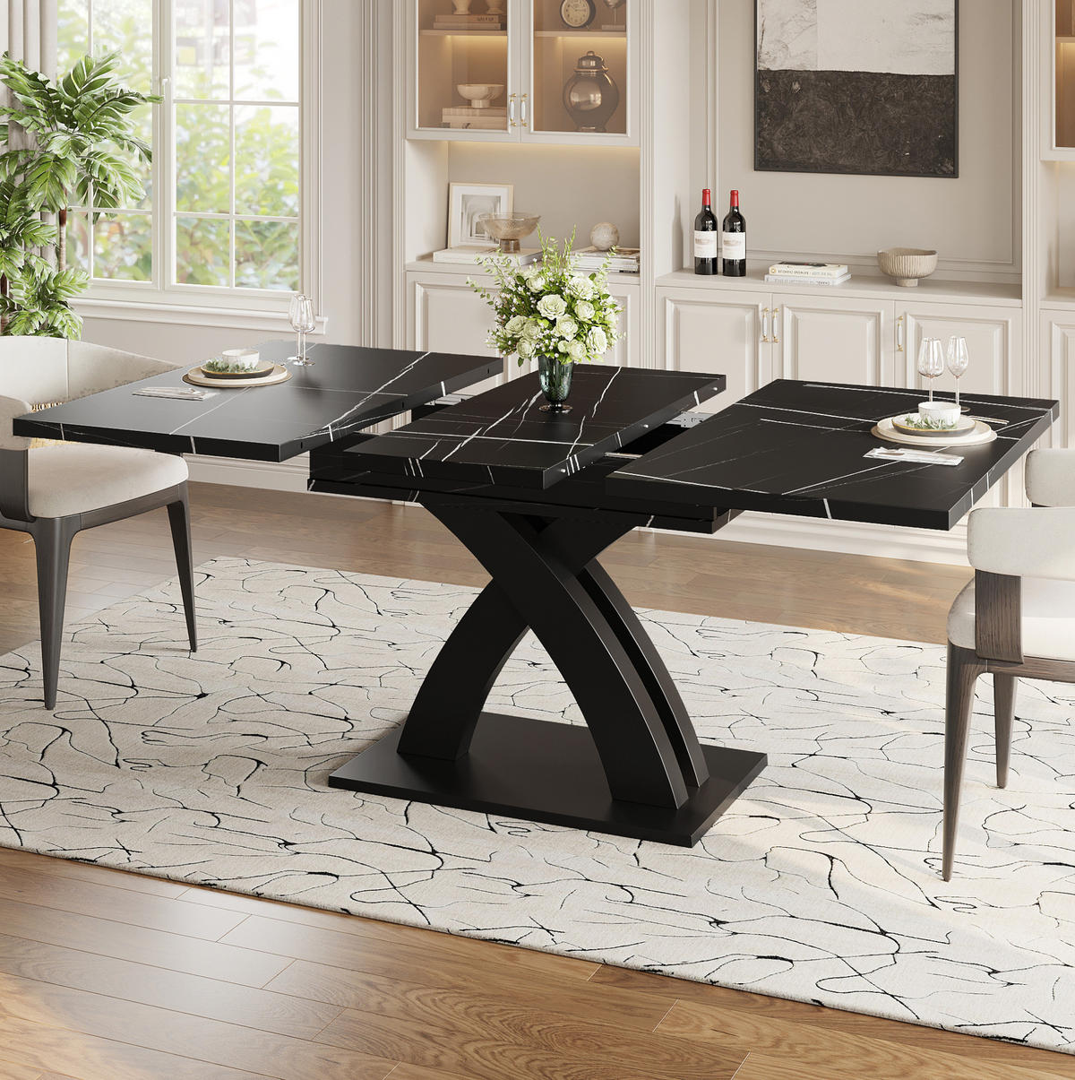 ESSTISCH 120-160x80x76 cm in Schwarz aus MDF und Metall auf X-Gestell ausziehbar - Schwarz, Holzwerkstoff (160/80/75cm) - Modfu