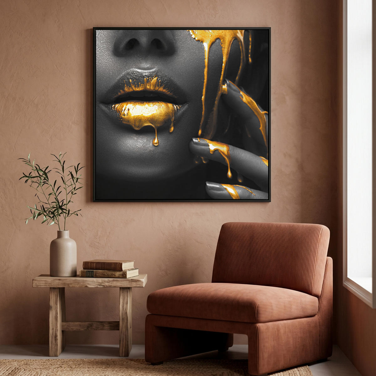LEINWAND Bilder mit Rahmen - Frau - Schwarz - Gold - Gesicht - Lippen - 90x90 - Goldfarben, Textil (90/90cm) - MuchoWow