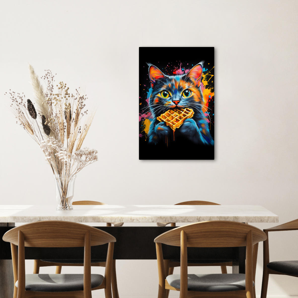 LEINWANDBILD Katze - Graffiti - Bunt - Waffel - Essen 40x60 cm - Türkis, Textil (40/60cm) - MuchoWow