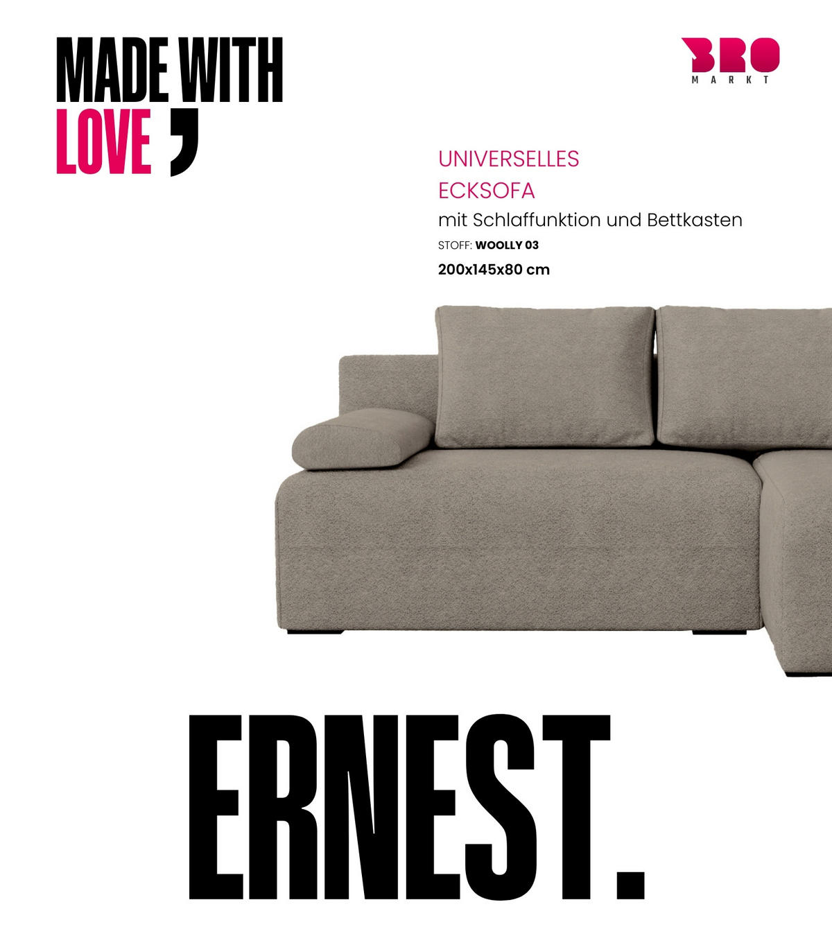ECKSOFA Ernest mit Schlaffunktion Braun Bouclé - Braun, Textil (200/145cm) - Bromarkt