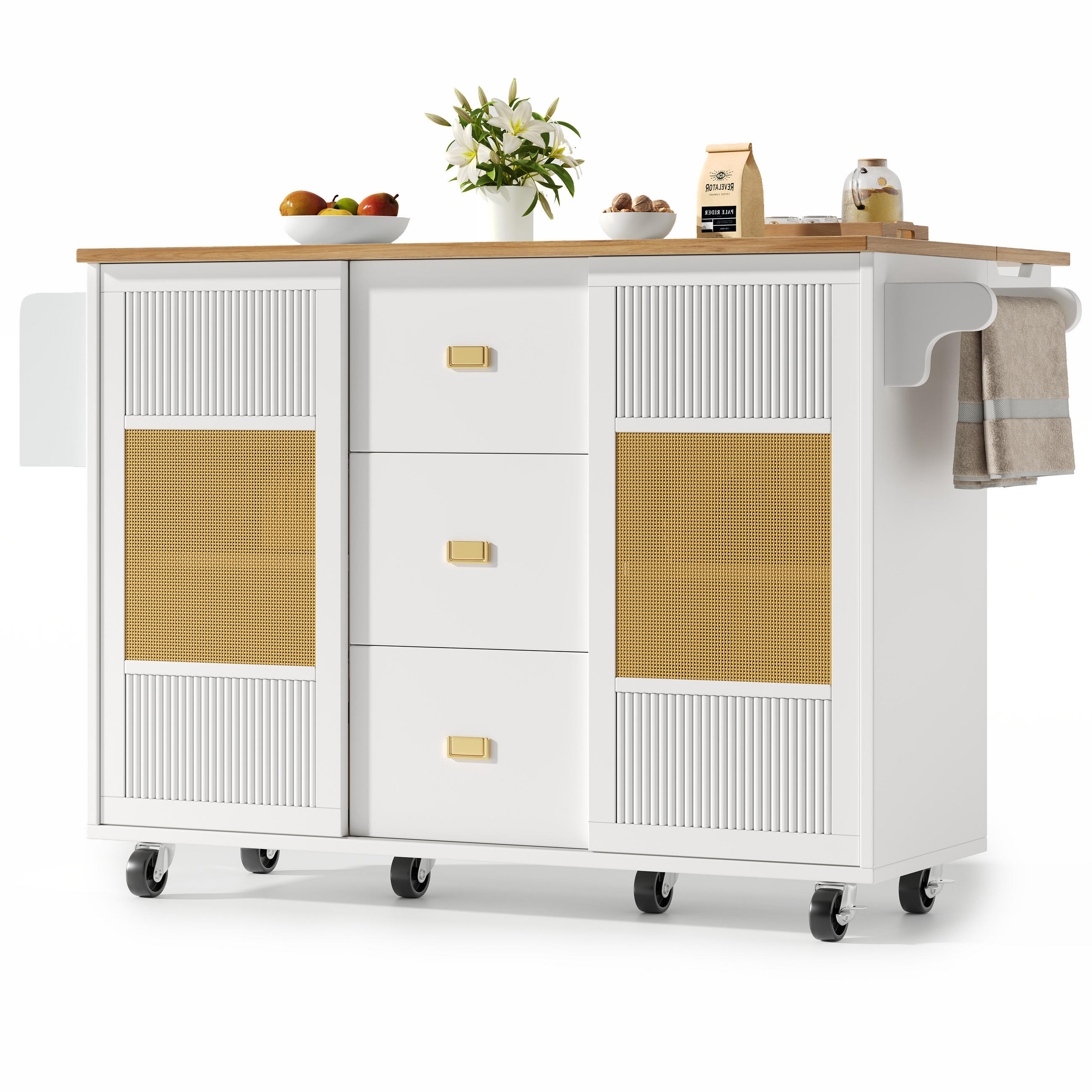 KÜCHENINSEL 146,85/70/90 cm weiß mit Klapptisch und Rollen - Weiß, Holzwerkstoff (146.85/90/70cm) - OKWISH