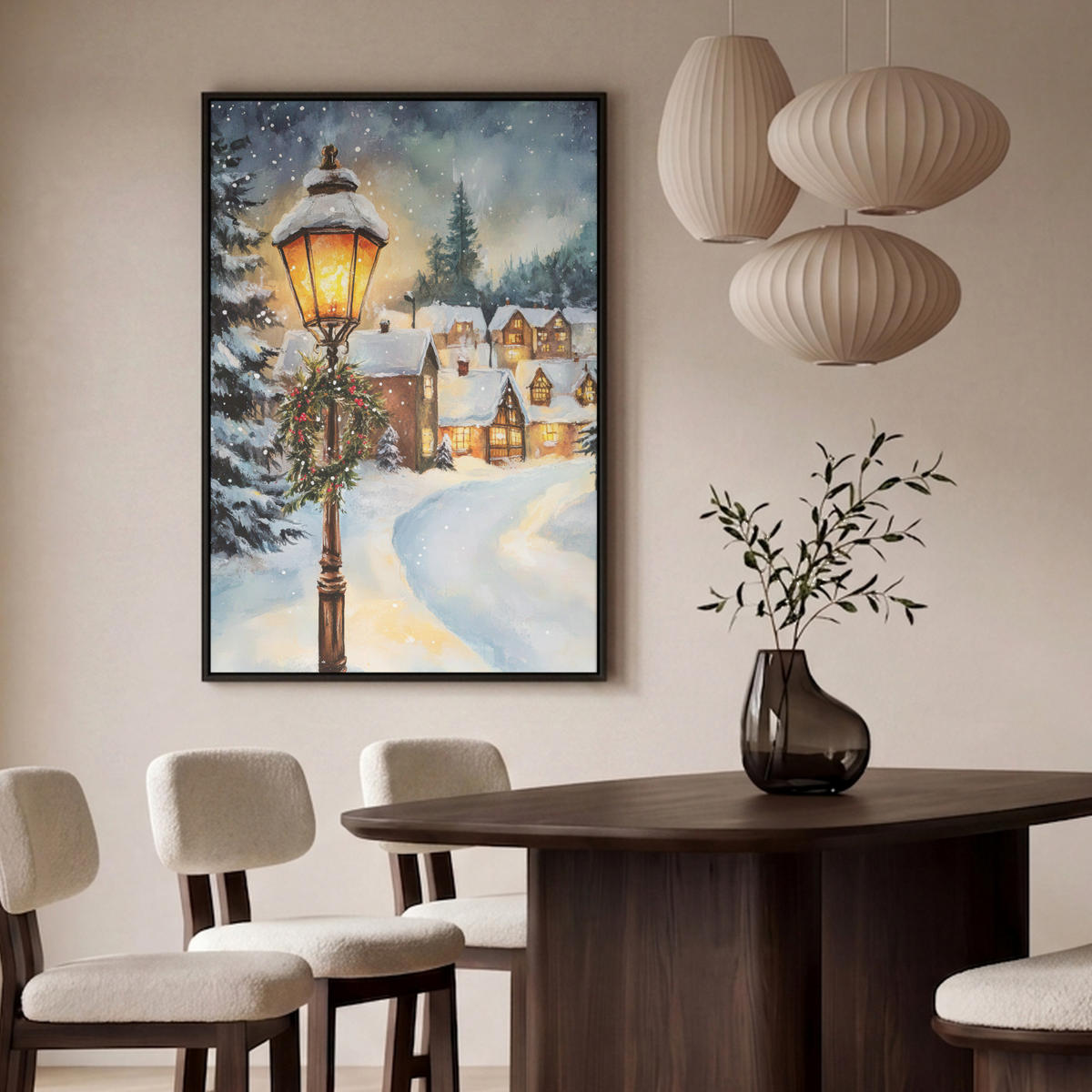 LEINWAND Bilder mit Rahmen - Weihnachtsdorf - Häuser - Schnee - Weihnachten - 80x120 - Sandfarben, Textil (80/120cm) - MuchoWow