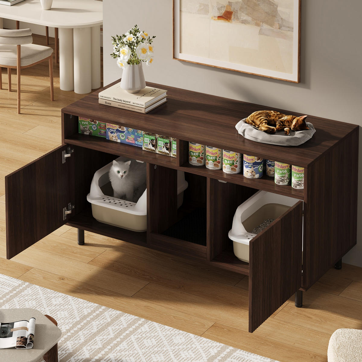 SIDEBOARD Nussbaumfarben aus MDF 120×50×66cm als Katzentoiletten-Schrank mit Sandauffangmatte und Ablagefächern - Nussbaumfarben, Holzwerkstoff (50/66/120cm) - Luhomfu