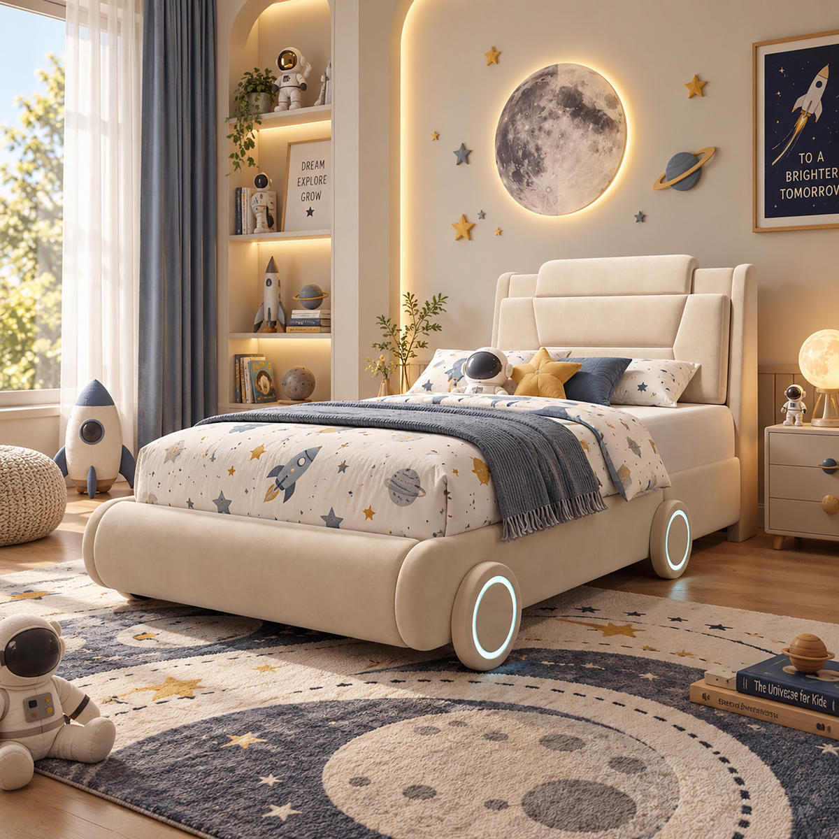 AUTOBETT 90/200 cm mit LED-Rädern, DE-41742, in Cremeweiß - Beige, Holz (90/200cm) - ComfortXL