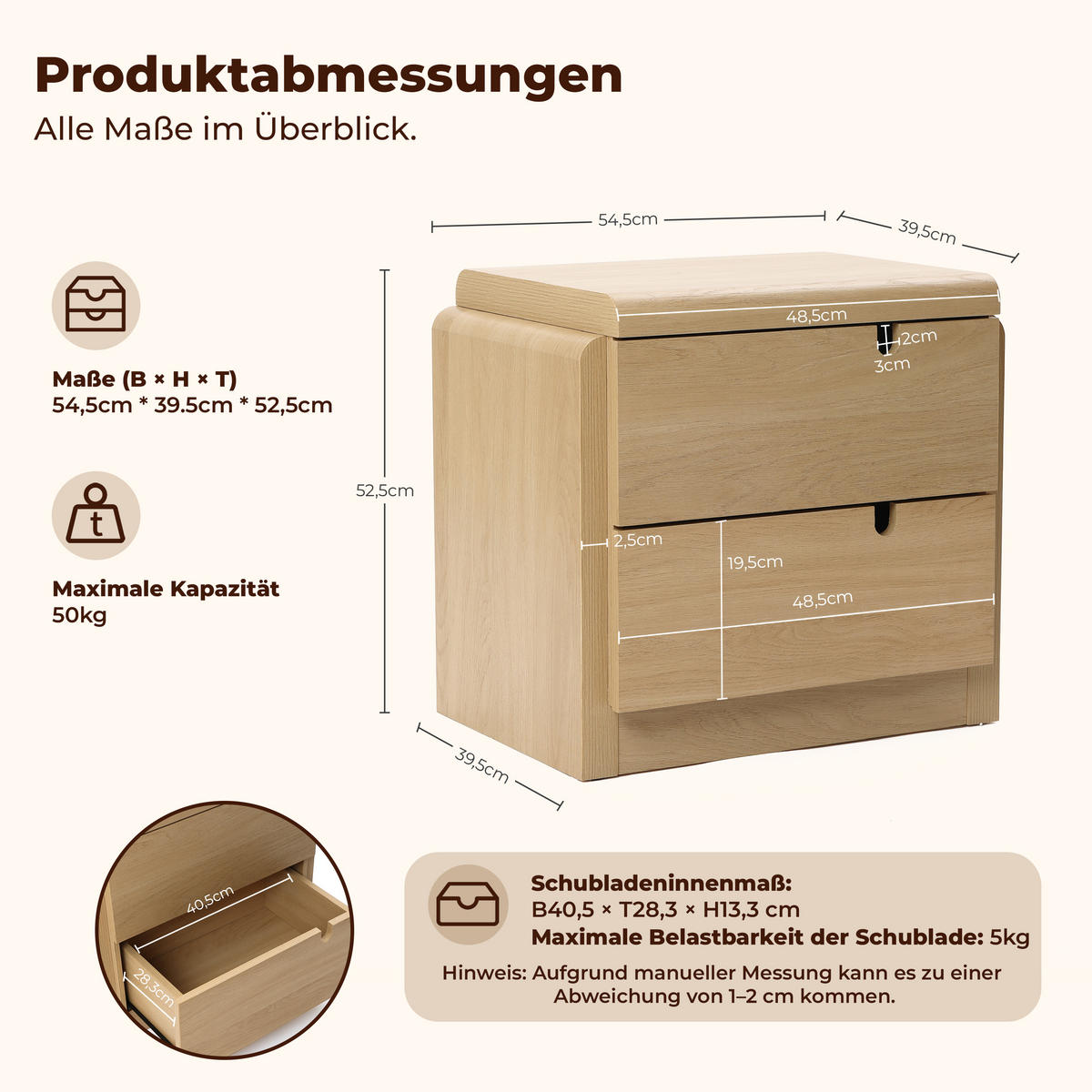 NACHTTISCH Moderner mit 2 Schubladen, Eichenfarben, MDF | B55 x T40 x H53 cm - Eichefarben, Holz (55/53/40cm) - Hometopia